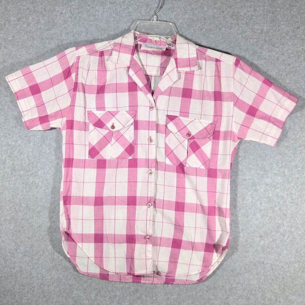 Vintage Hunter's Glen Pink Plaid Short Sleeve Button Up Shirt Womens S/M USA